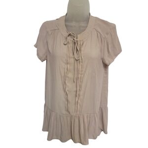 RO & DE Women's Beige Tie Neck Ruffle Hem Short Sleeve Tunic Top Size S